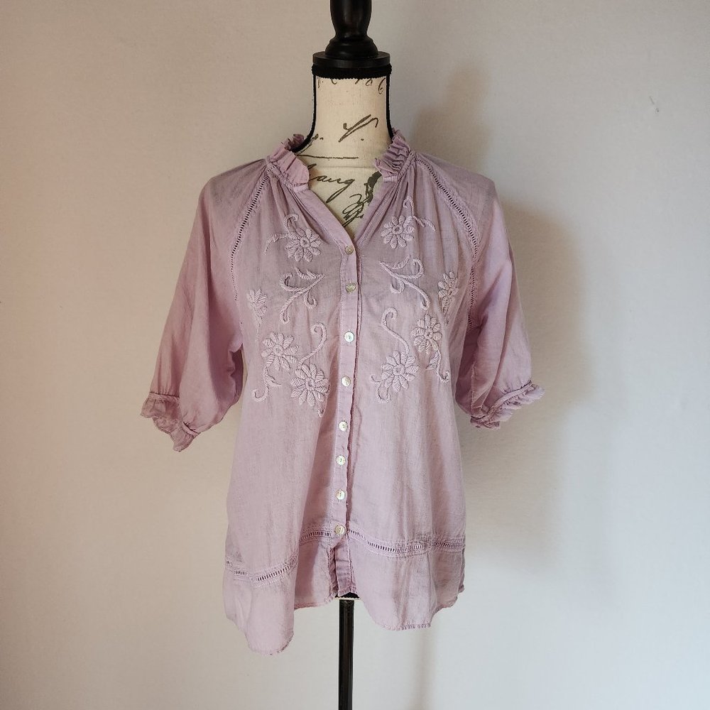 JP and Mattie Embroidered Pearl Button Front Blouse Ruffle V-Neck Purple